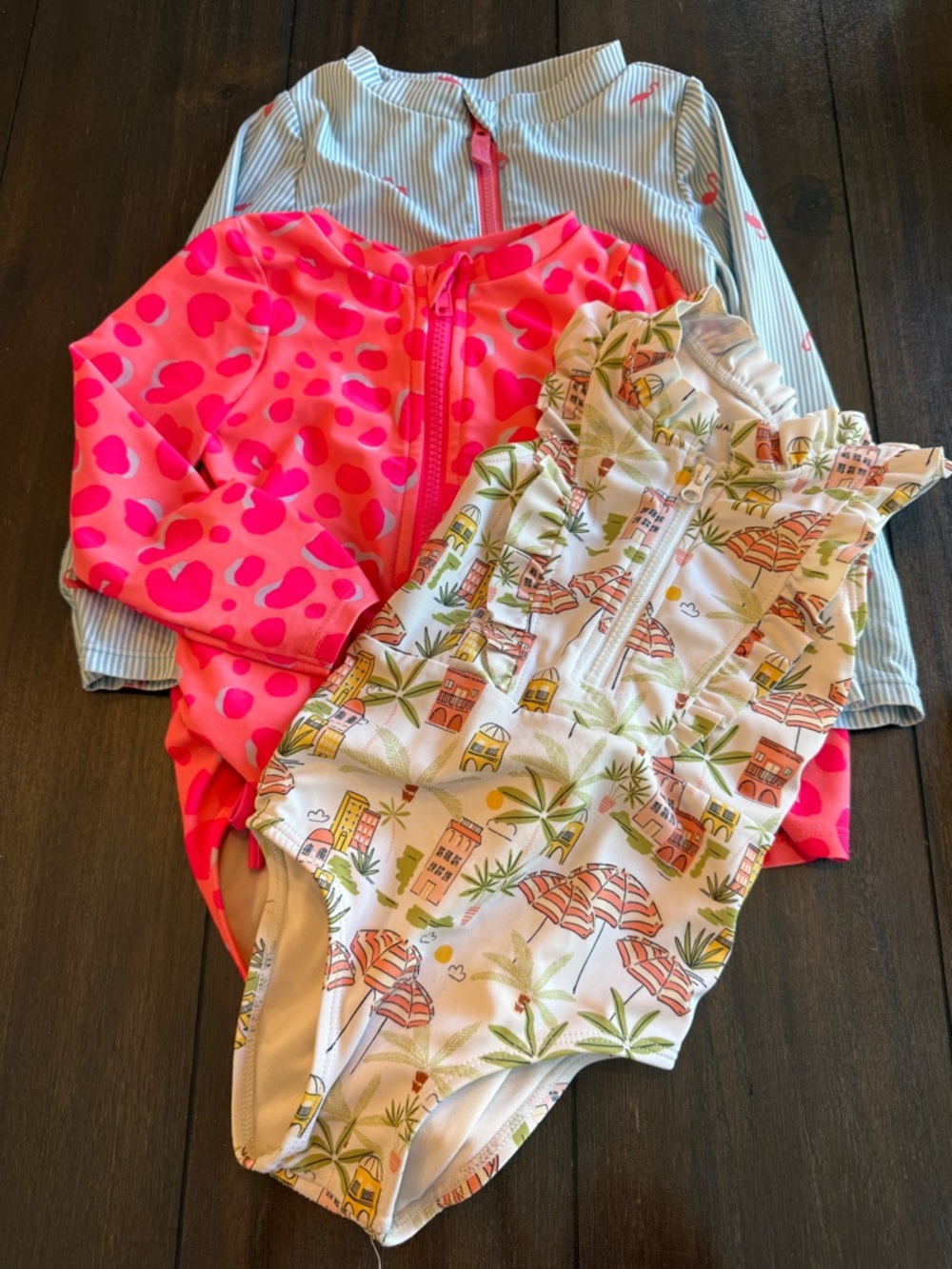 Girls 3-Piece Swim Set - Pink Heart Rashguard + Beach Print One-Piece